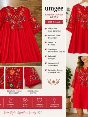 Umgee Red Dress Embroidered Flowers Boho Sz Small (e1)